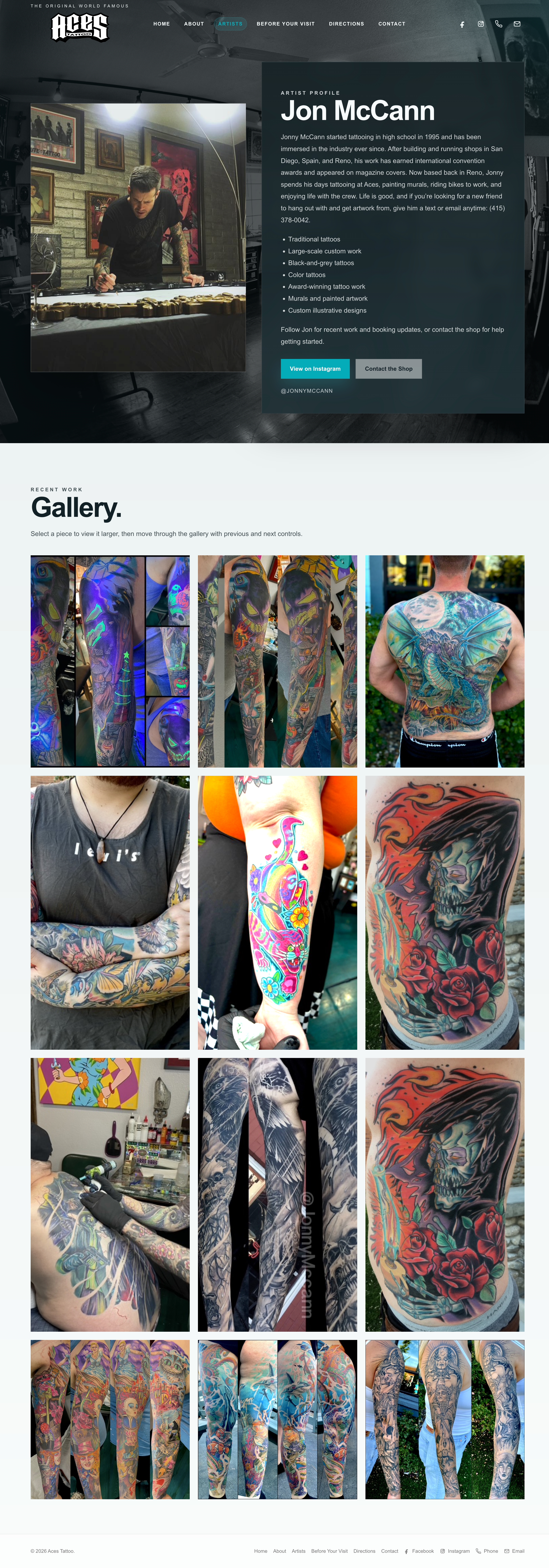 Aces Tattoo artist profile page desktop screenshot