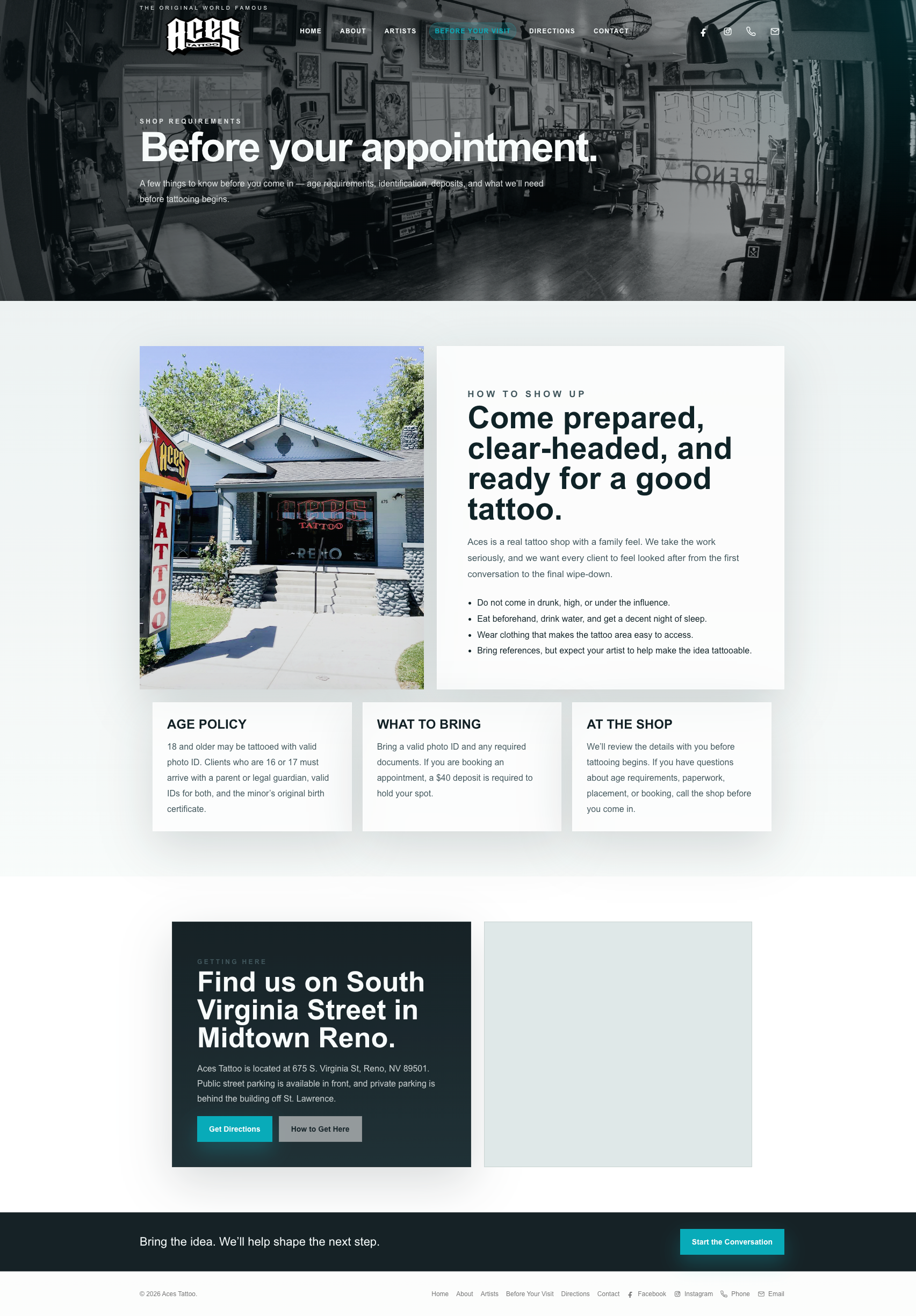 Aces Tattoo before your visit page desktop screenshot