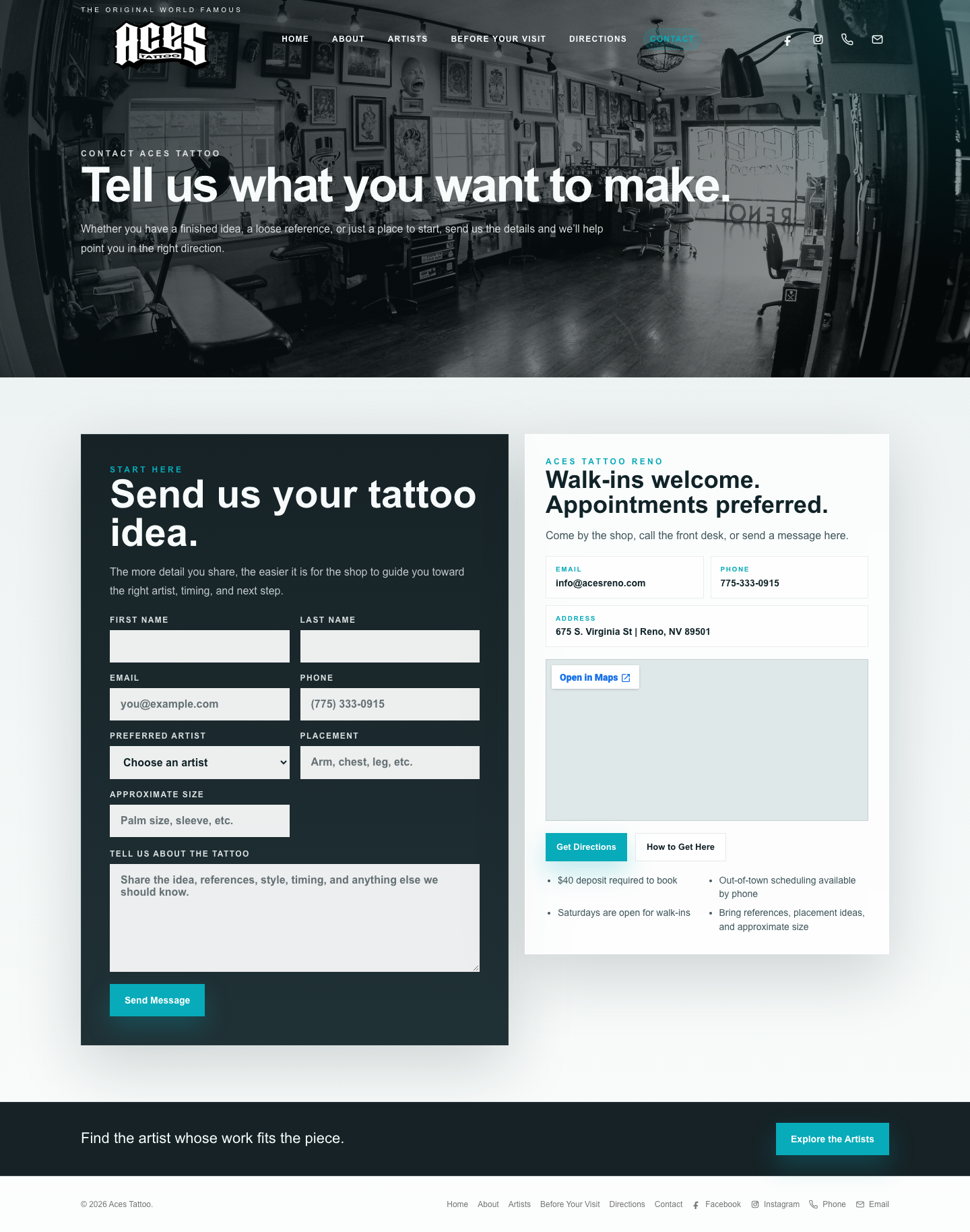Aces Tattoo contact page desktop screenshot